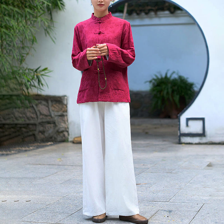 Chemise et pantalon pour femme en jacquard de coton à manches longues et poches, ornés de boutons grenouille et de Buddha Stones - image 16