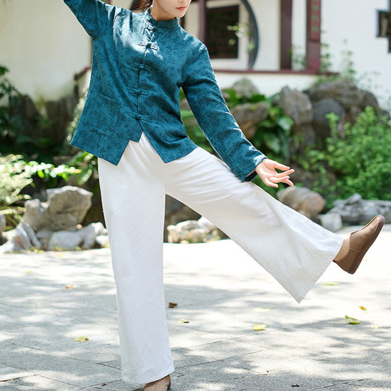 Chemise et pantalon pour femme en jacquard de coton à manches longues et poches, ornés de boutons grenouille et de Buddha Stones - image 7