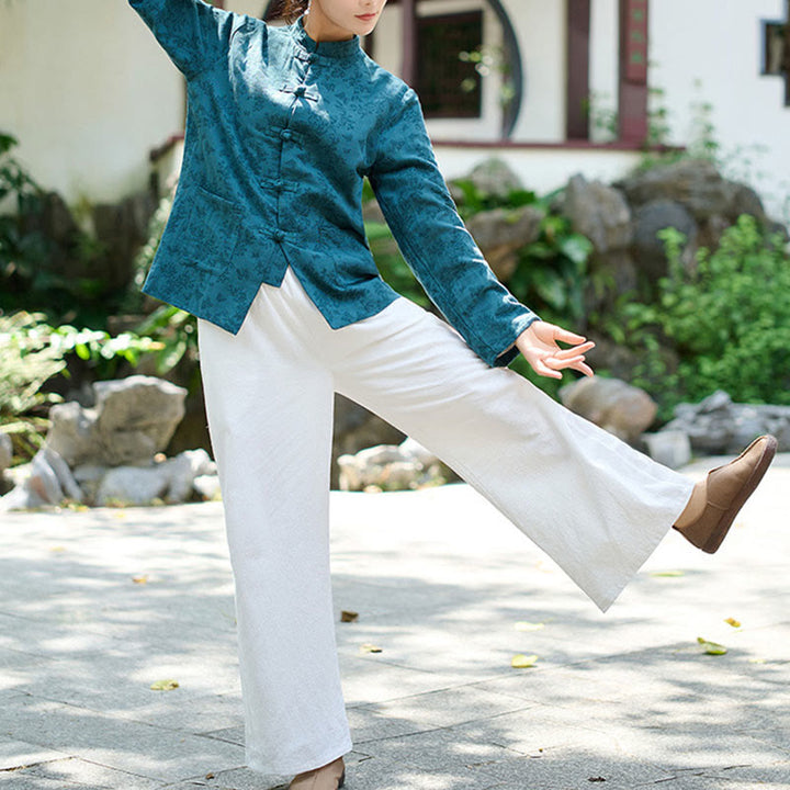 Chemise et pantalon pour femme en jacquard de coton à manches longues et poches, ornés de boutons grenouille et de Buddha Stones - image 7