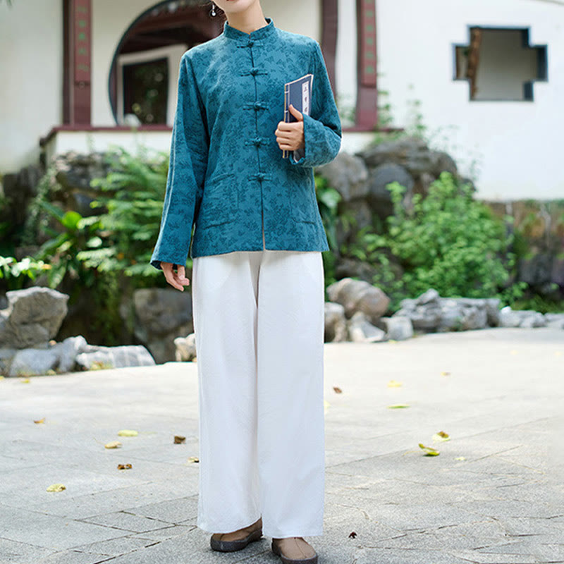 Chemise et pantalon pour femme en jacquard de coton à manches longues et poches, ornés de boutons grenouille et de Buddha Stones - image 4