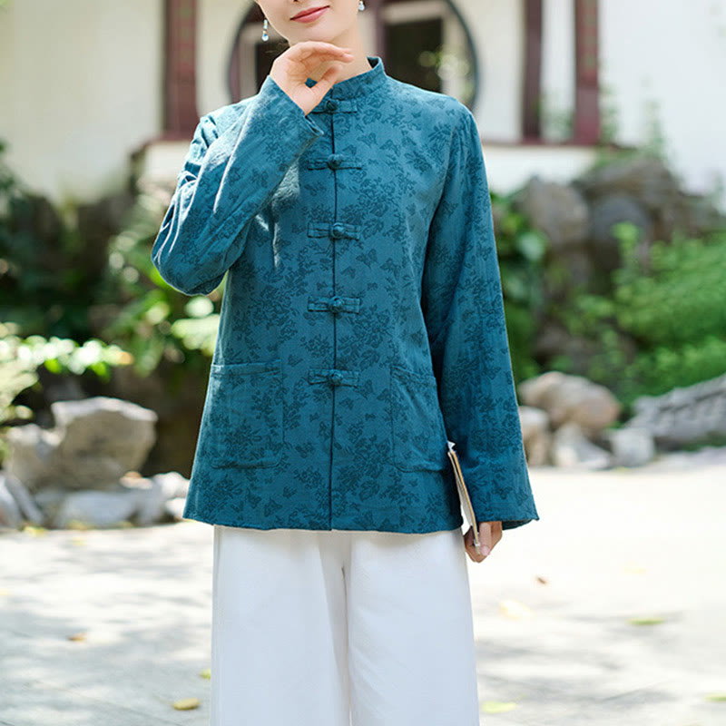 Chemise et pantalon pour femme en jacquard de coton à manches longues et poches, ornés de boutons grenouille et de Buddha Stones - image 2