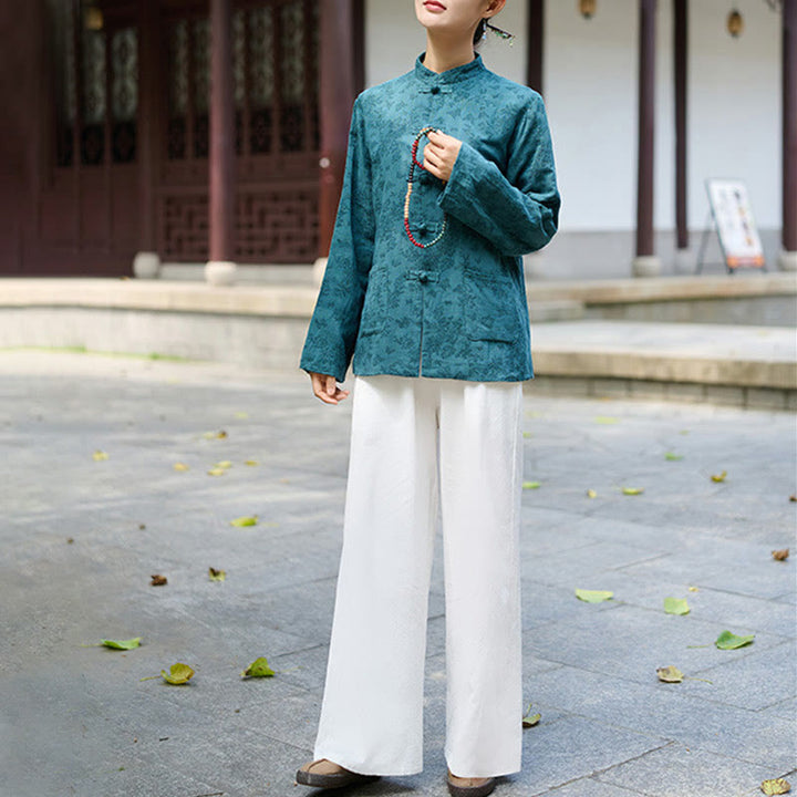 Chemise et pantalon pour femme en jacquard de coton à manches longues et poches, ornés de boutons grenouille et de Buddha Stones - image 6