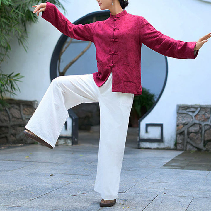 Chemise et pantalon pour femme en jacquard de coton à manches longues et poches, ornés de boutons grenouille et de Buddha Stones - image 17