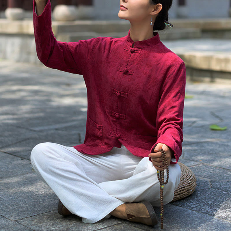 Chemise et pantalon pour femme en jacquard de coton à manches longues et poches, ornés de boutons grenouille et de Buddha Stones - image 18
