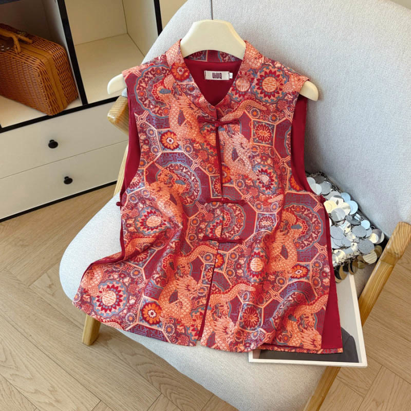 Gilet/chemise pour femme à motif jacquard de bambou, boutons grenouille et Buddha Stones - Gilet rouge - US8-10，UK/AU12-14，EU40-42 (2XL) - image 1