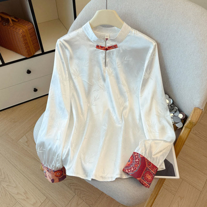 Gilet/chemise pour femme à motif jacquard de bambou, boutons grenouille et Buddha Stones - Chemise blanche - US8-10，UK/AU12-14，EU40-42 (2XL) - image 8