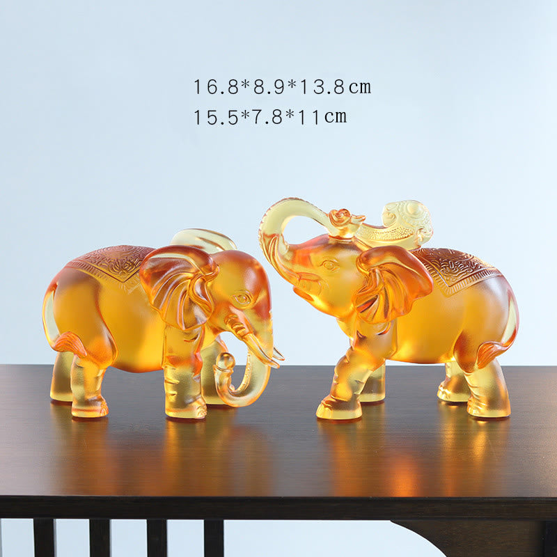 Buddha Stones en cristal Liuli jaune, trompe d'éléphant, design vertical, force, décoration intérieure - Un couple de grands éléphants - image 14
