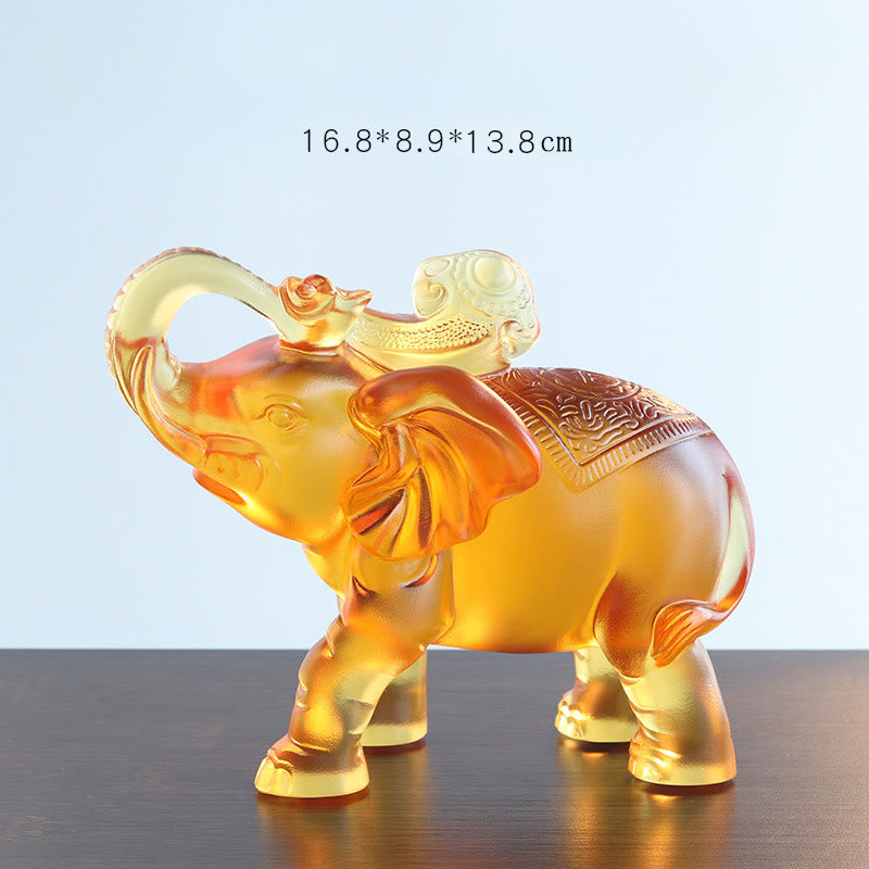 Buddha Stones en cristal Liuli jaune, trompe d'éléphant, design vertical, force, décoration intérieure - Grand éléphant (trompe levée) 16,8 x 8,9 x 13,8 cm - image 8