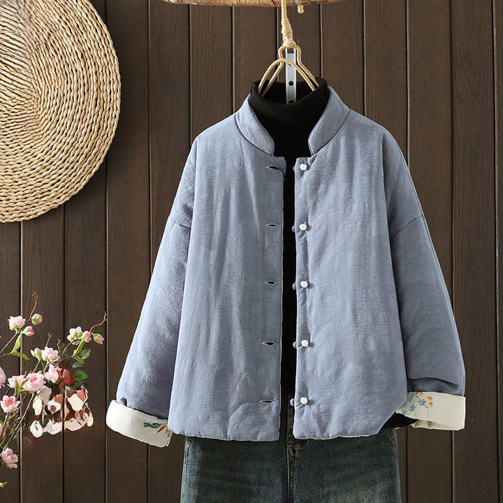 Veste épaisse en coton à manches longues pour femme, motif uni à boutons et Buddha Stones, avec poignets fleuris - Bleu acier clair - US8-10，UK/AU12-14，EU40-42 (2XL) - image 0