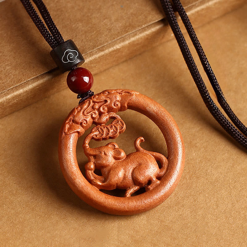 Pendentifs en Buddha Stones, bois de pêcher, signe du zodiaque chinois, année du Cheval, pour éloigner les mauvais esprits - Rat des bois pêcher - Corde brune - image 14