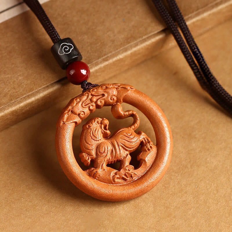 Pendentifs en Buddha Stones, bois de pêcher, signe du zodiaque chinois, année du Cheval, pour éloigner les mauvais esprits - Bois de pêche Tigre - Corde brune - image 17
