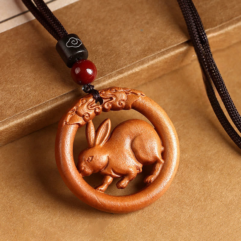 Pendentifs en Buddha Stones, bois de pêcher, signe du zodiaque chinois, année du Cheval, pour éloigner les mauvais esprits - Lapin des bois de pêche - Corde brune - image 14