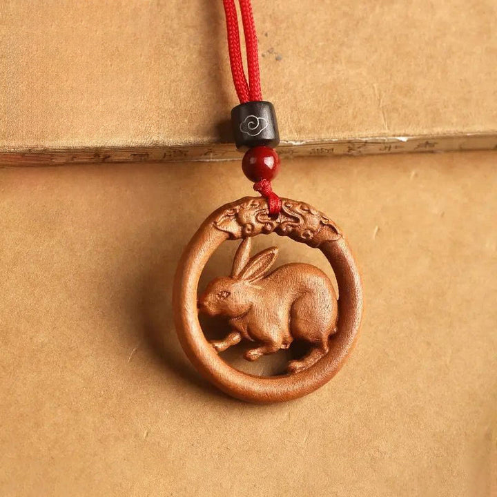 Pendentifs en Buddha Stones, bois de pêcher, signe du zodiaque chinois, année du Cheval, pour éloigner les mauvais esprits - Lapin des bois de pêche - Corde rouge - image 20