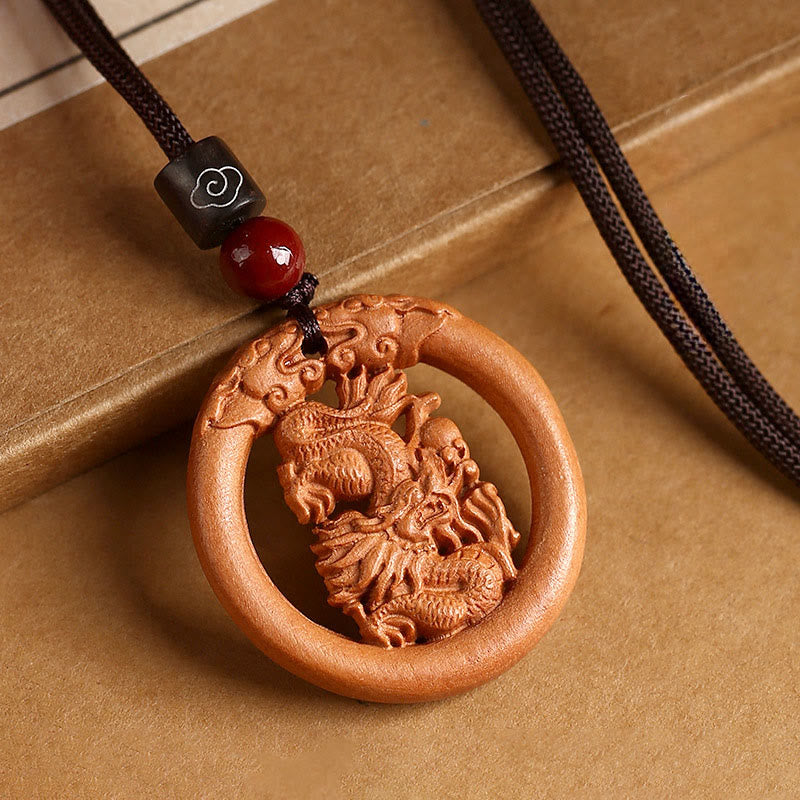 Pendentifs en Buddha Stones, bois de pêcher, signe du zodiaque chinois, année du Cheval, pour éloigner les mauvais esprits - Dragon de bois de pêche - Corde brune - image 16