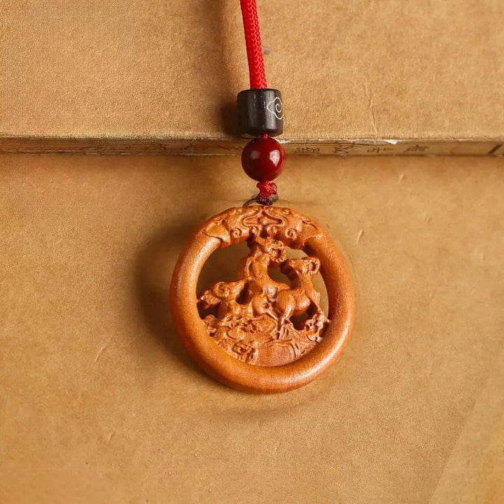 Pendentifs en Buddha Stones, bois de pêcher, signe du zodiaque chinois, année du Cheval, pour éloigner les mauvais esprits - Chèvre des bois de pêche - Corde rouge - image 21