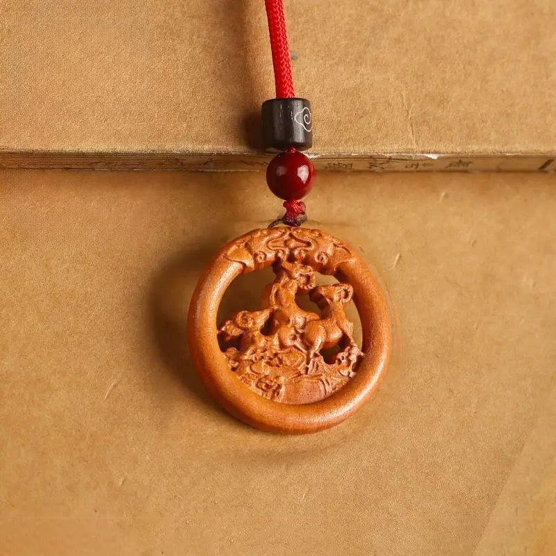 Pendentifs en Buddha Stones, bois de pêcher, signe du zodiaque chinois, année du Cheval, pour éloigner les mauvais esprits - Chèvre des bois de pêche - Corde rouge - image 27