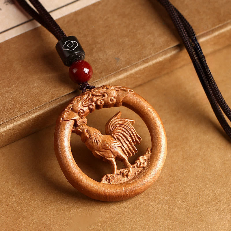 Pendentifs en Buddha Stones, bois de pêcher, signe du zodiaque chinois, année du Cheval, pour éloigner les mauvais esprits - Bois de pêcher-Coq - Corde brune - image 29