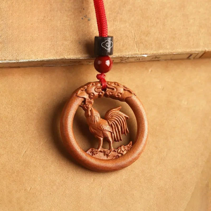 Pendentifs en Buddha Stones, bois de pêcher, signe du zodiaque chinois, année du Cheval, pour éloigner les mauvais esprits - Bois de pêcher-Coq - Corde rouge - image 30