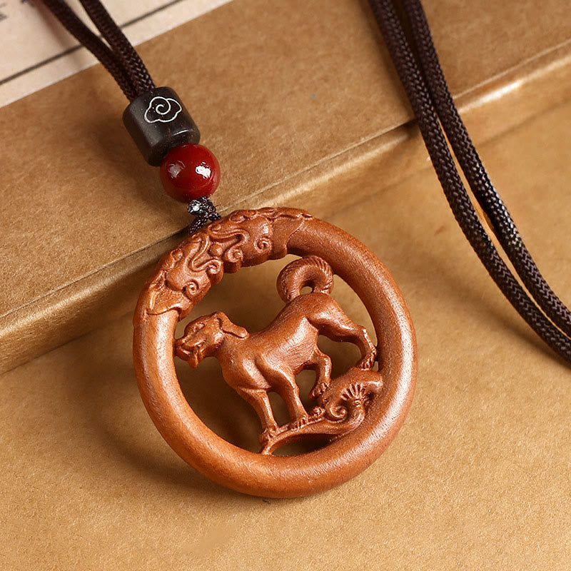 Pendentifs en Buddha Stones, bois de pêcher, signe du zodiaque chinois, année du Cheval, pour éloigner les mauvais esprits - Chien de bois pêche - Corde brune - image 32