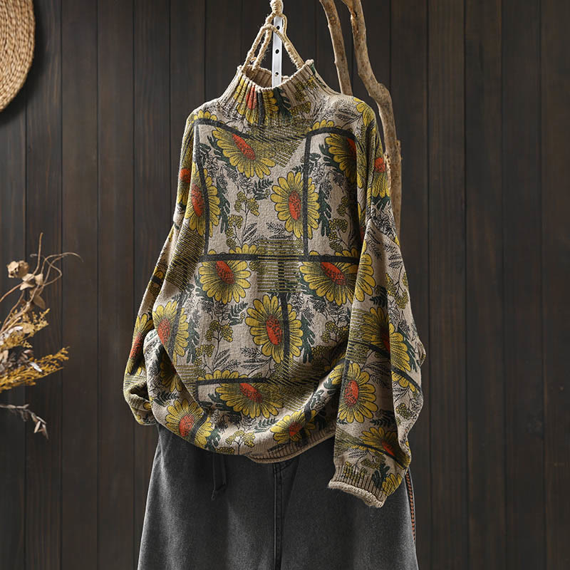 Pull en coton à manches longues et col montant, motif tournesol et Buddha Stones - Lin - US4-8/10，UK/AU8-12/14，EU36-40/42 (F) - image 0