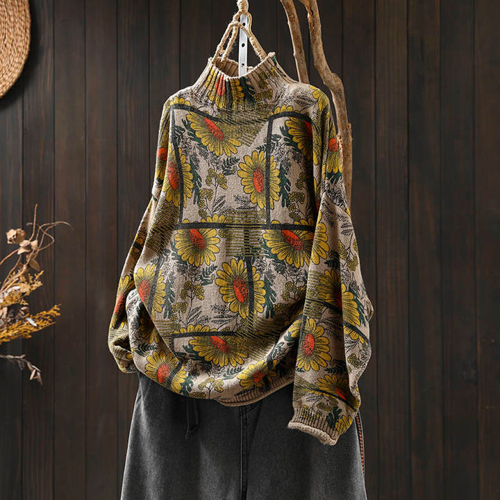 Pull en coton à manches longues et col montant, motif tournesol et Buddha Stones - Lin - US4-8/10，UK/AU8-12/14，EU36-40/42 (F) - image 0