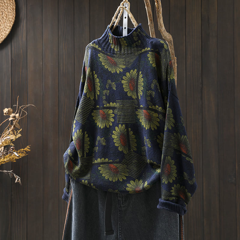 Pull en coton à manches longues et col montant, motif tournesol et Buddha Stones - Bleu nuit - US4-8/10，UK/AU8-12/14，EU36-40/42 (F) - image 2