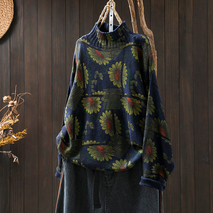 Pull en coton à manches longues et col montant, motif tournesol et Buddha Stones - Bleu nuit - US4-8/10，UK/AU8-12/14，EU36-40/42 (F) - image 2