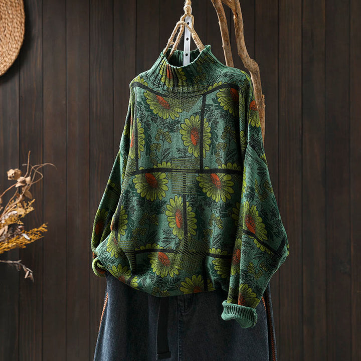 Pull en coton à manches longues et col montant, motif tournesol et Buddha Stones - Vert d'eau - US4-8/10，UK/AU8-12/14，EU36-40/42 (F) - image 15