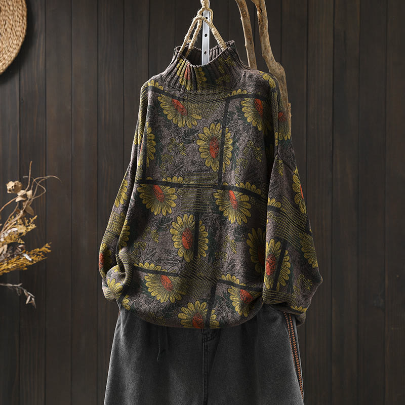 Pull en coton à manches longues et col montant, motif tournesol et Buddha Stones - Bordeaux - US4-8/10，UK/AU8-12/14，EU36-40/42 (F) - image 17