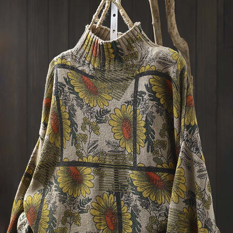 Pull en coton à manches longues et col montant, motif tournesol et Buddha Stones - image 1