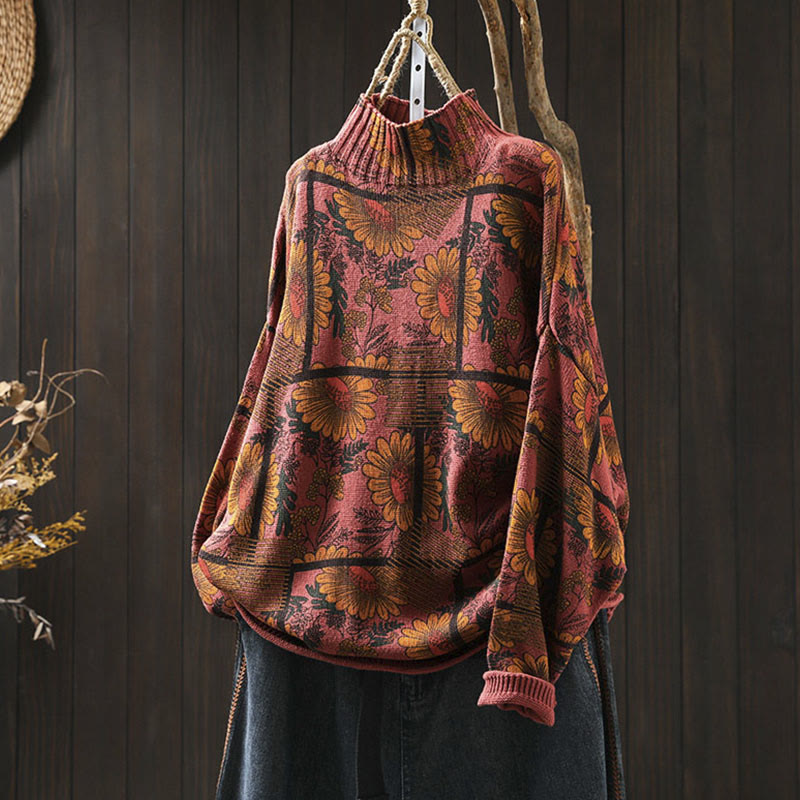 Pull en coton à manches longues et col montant, motif tournesol et Buddha Stones - OrangeRouge - US4-8/10，UK/AU8-12/14，EU36-40/42 (F) - image 13
