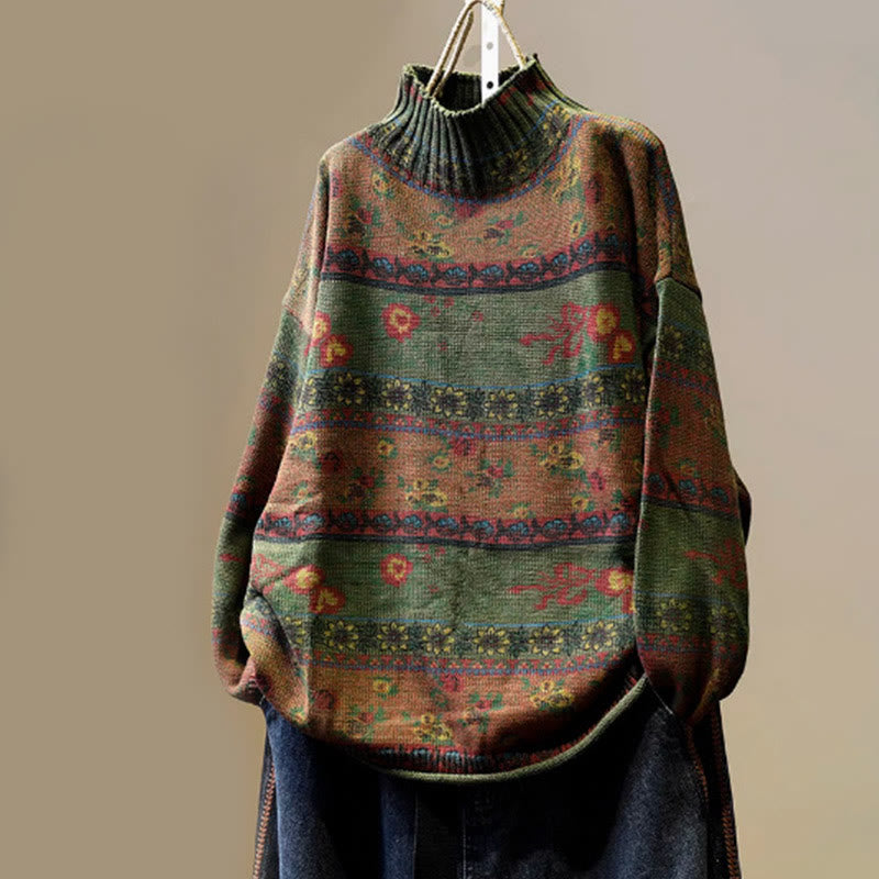 Pull en coton à manches longues et col montant, motif floral color-block Buddha Stones pour femme - Vert olive foncé - US4-6，UK/AU8-10，EU36-38 (F) - image 15