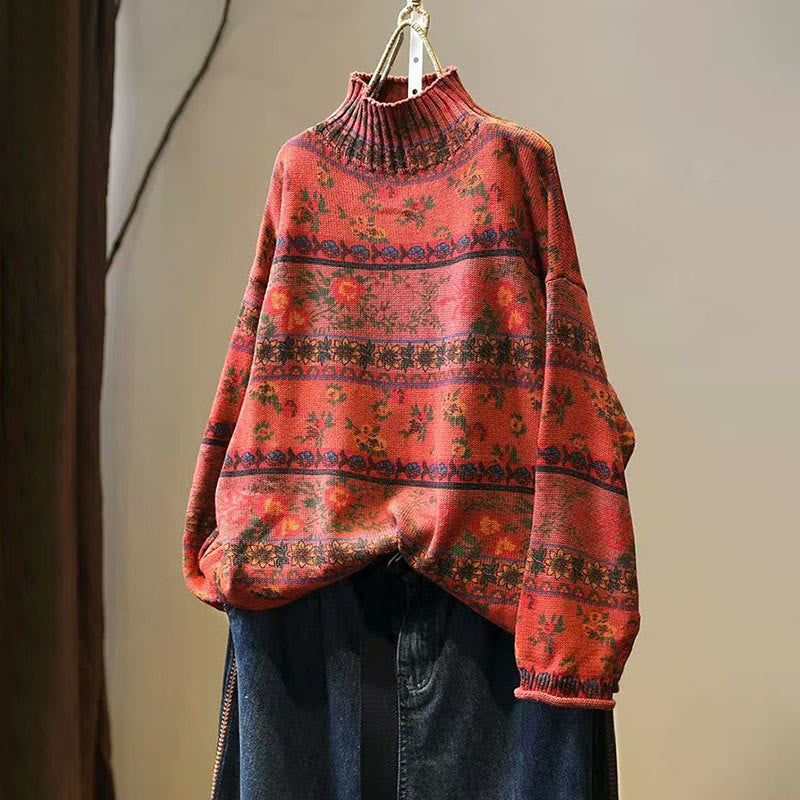 Pull en coton à manches longues et col montant, motif floral color-block Buddha Stones pour femme - OrangeRouge - US4-6，UK/AU8-10，EU36-38 (F) - image 13