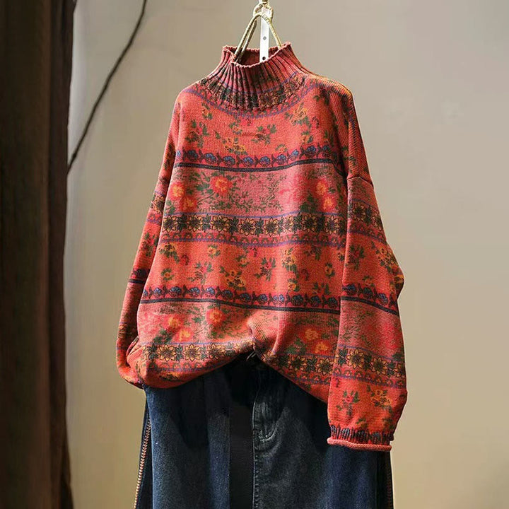Pull en coton à manches longues et col montant, motif floral color-block Buddha Stones pour femme - OrangeRouge - US4-6，UK/AU8-10，EU36-38 (F) - image 13
