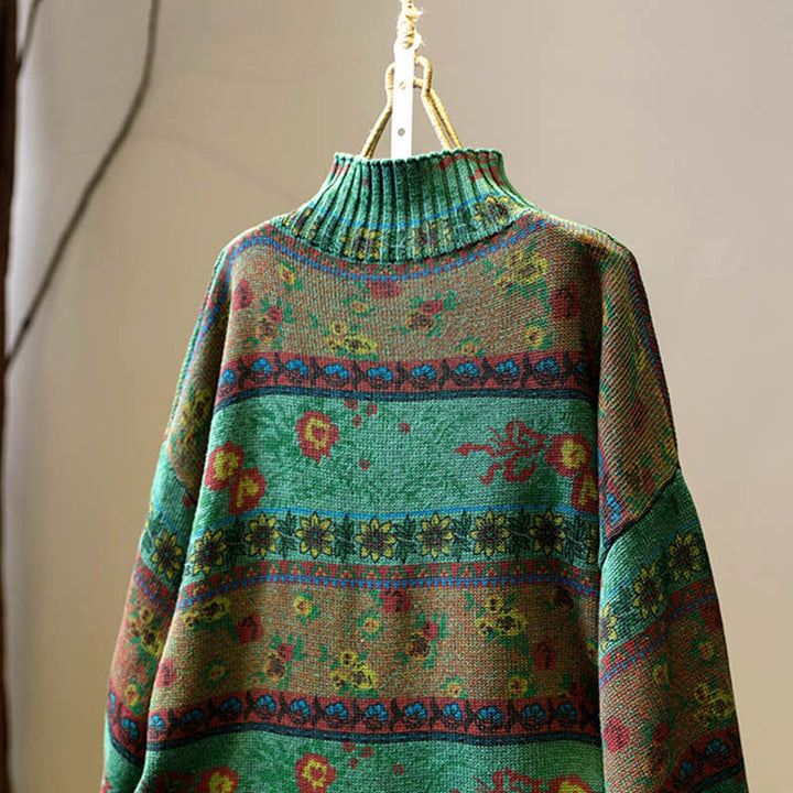 Pull en coton à manches longues et col montant, motif floral color-block Buddha Stones pour femme - image 5