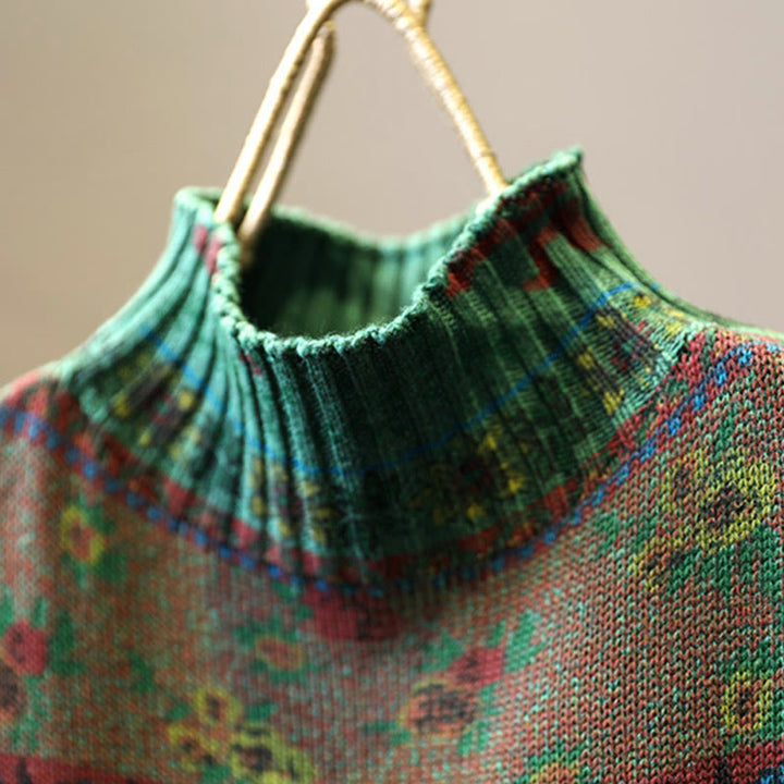 Pull en coton à manches longues et col montant, motif floral color-block Buddha Stones pour femme - image 6