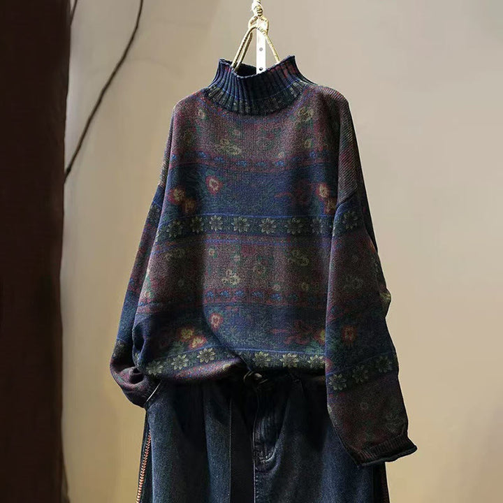 Pull en coton à manches longues et col montant, motif floral color-block Buddha Stones pour femme - Bleu nuit - US4-6，UK/AU8-10，EU36-38 (F) - image 11