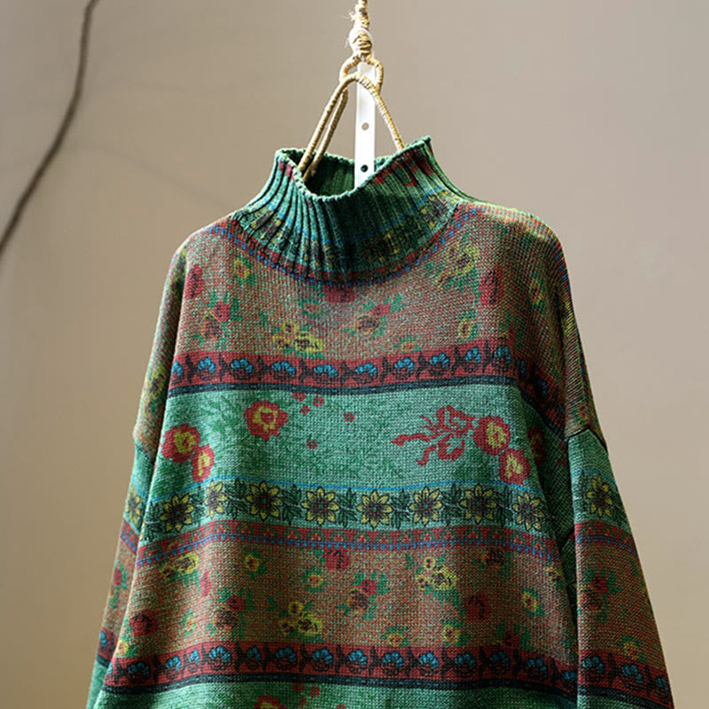 Pull en coton à manches longues et col montant, motif floral color-block Buddha Stones pour femme - image 4