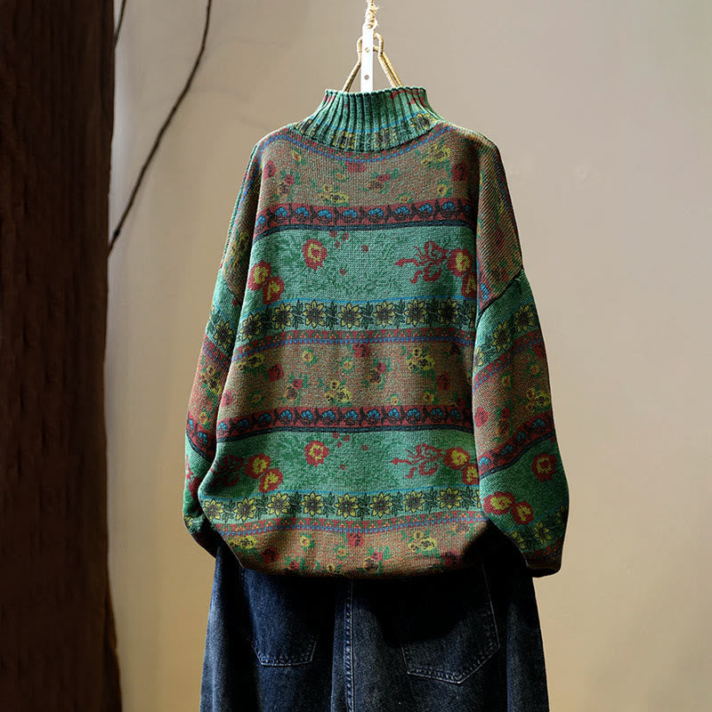 Pull en coton à manches longues et col montant, motif floral color-block Buddha Stones pour femme - image 3