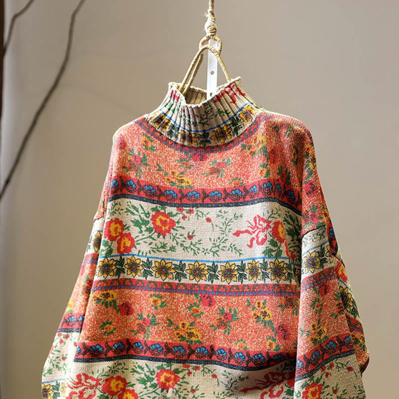 Pull en coton à manches longues et col montant, motif floral color-block Buddha Stones pour femme - image 1