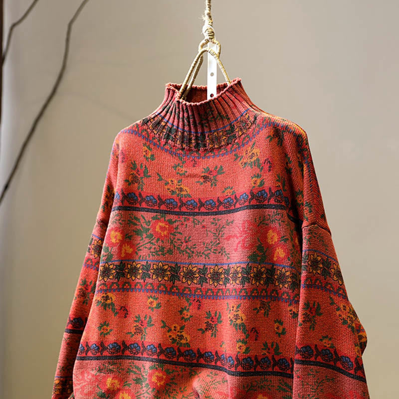 Pull en coton à manches longues et col montant, motif floral color-block Buddha Stones pour femme - image 14