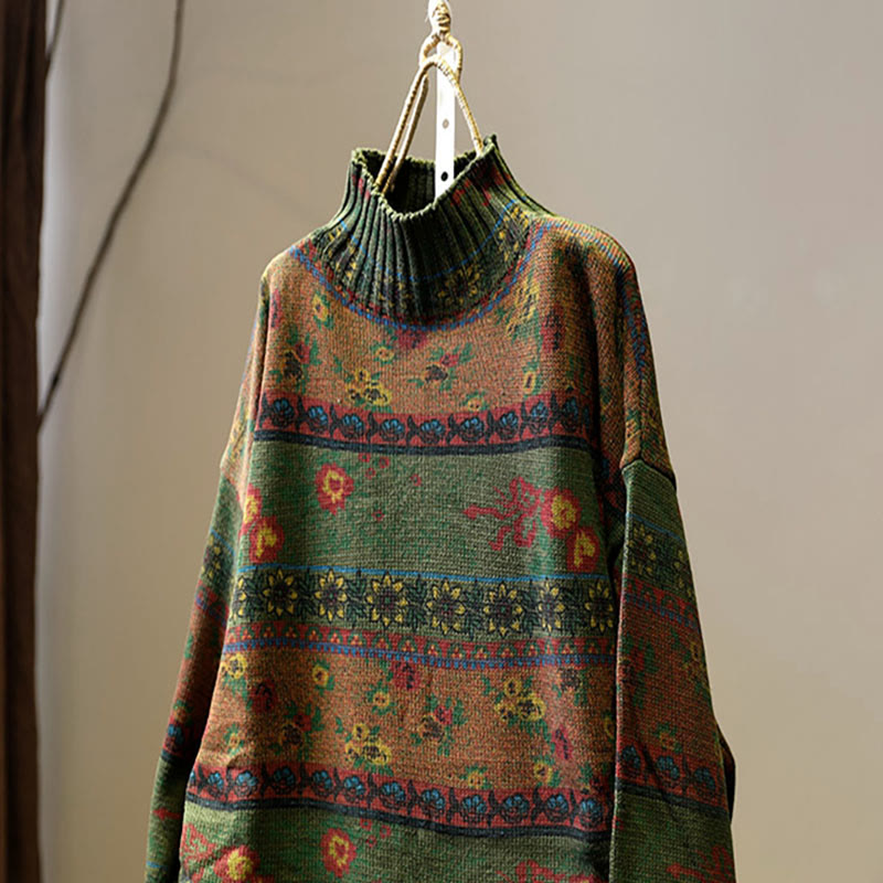 Pull en coton à manches longues et col montant, motif floral color-block Buddha Stones pour femme - image 16