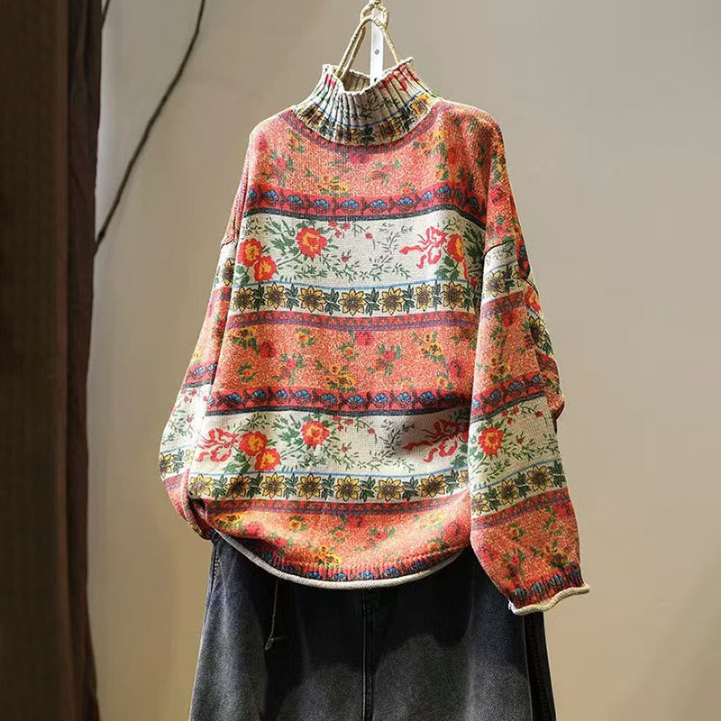 Pull en coton à manches longues et col montant, motif floral color-block Buddha Stones pour femme - Corail - US4-6，UK/AU8-10，EU36-38 (F) - image 0