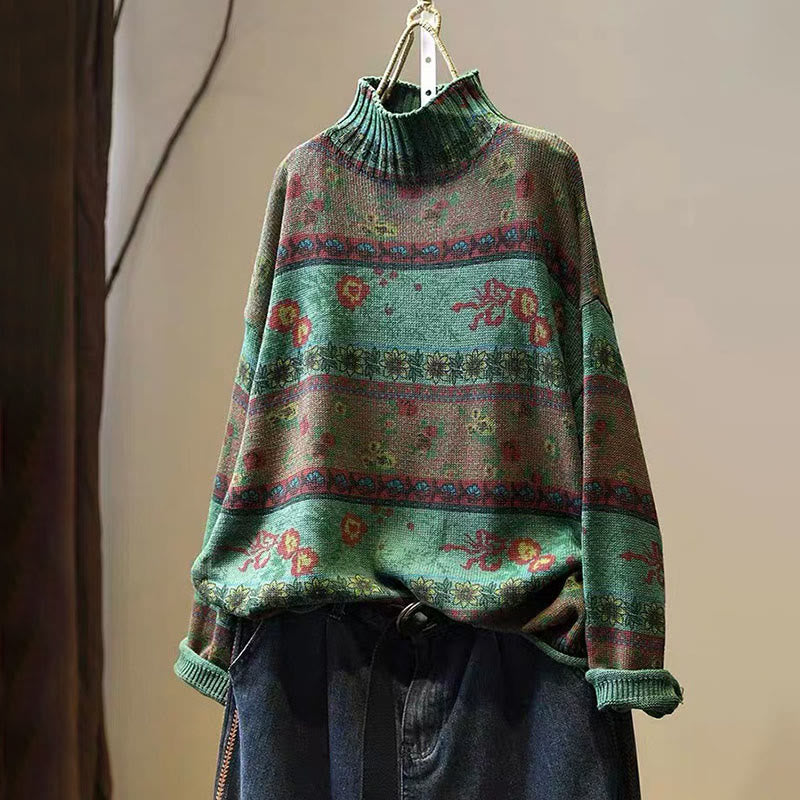 Pull en coton à manches longues et col montant, motif floral color-block Buddha Stones pour femme - Vert mer moyen - US4-6，UK/AU8-10，EU36-38 (F) - image 2
