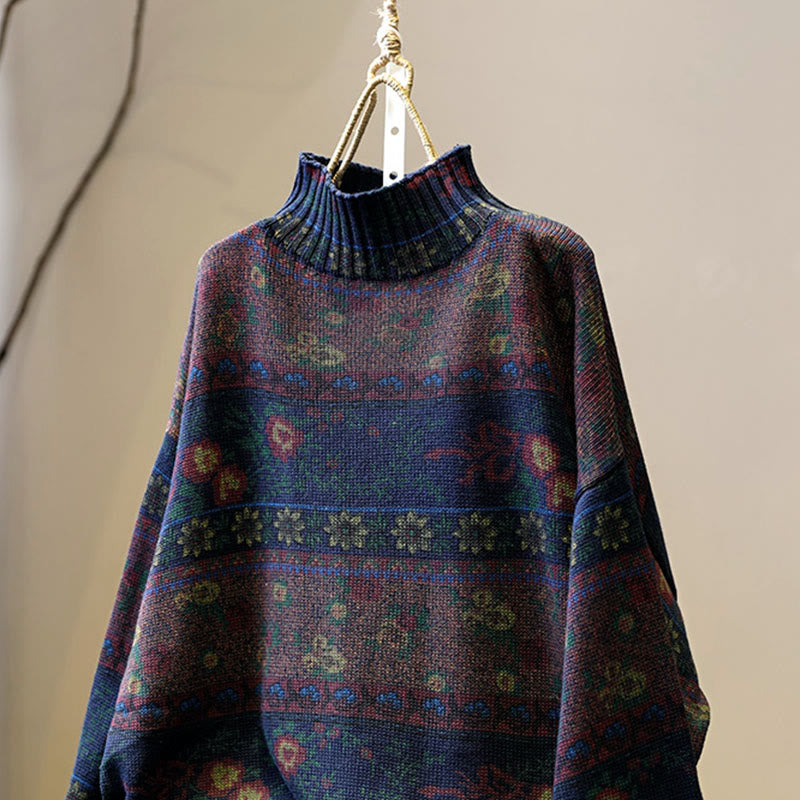 Pull en coton à manches longues et col montant, motif floral color-block Buddha Stones pour femme - image 12