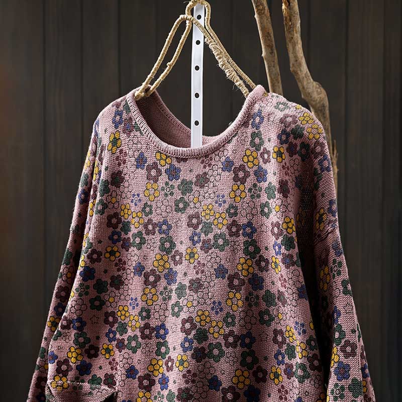 Pull à manches longues en coton pour femme, motif fleurs colorées tricotées avec Buddha Stones et poches - image 15