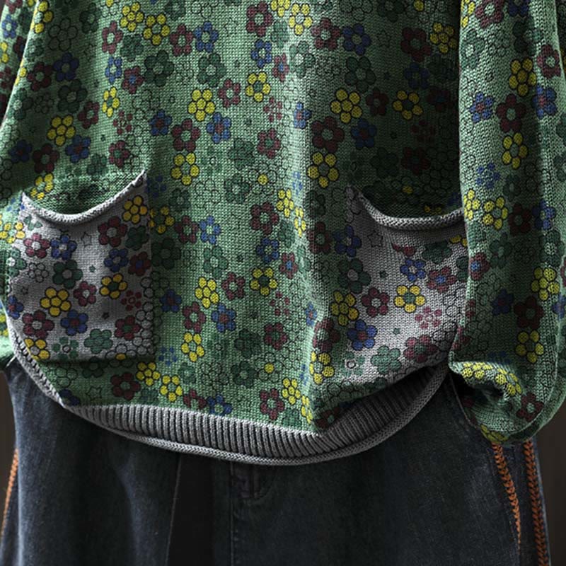 Pull à manches longues en coton pour femme, motif fleurs colorées tricotées avec Buddha Stones et poches - image 7