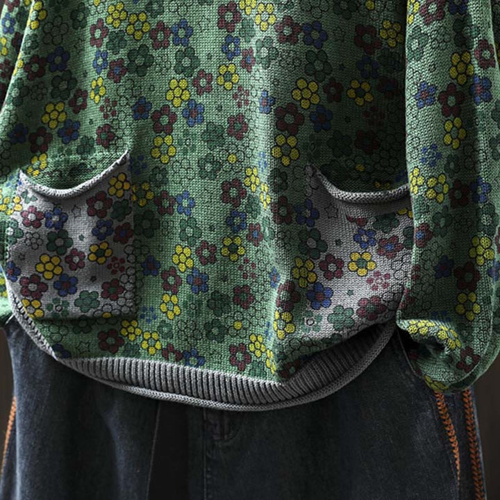 Pull à manches longues en coton pour femme, motif fleurs colorées tricotées avec Buddha Stones et poches - image 7