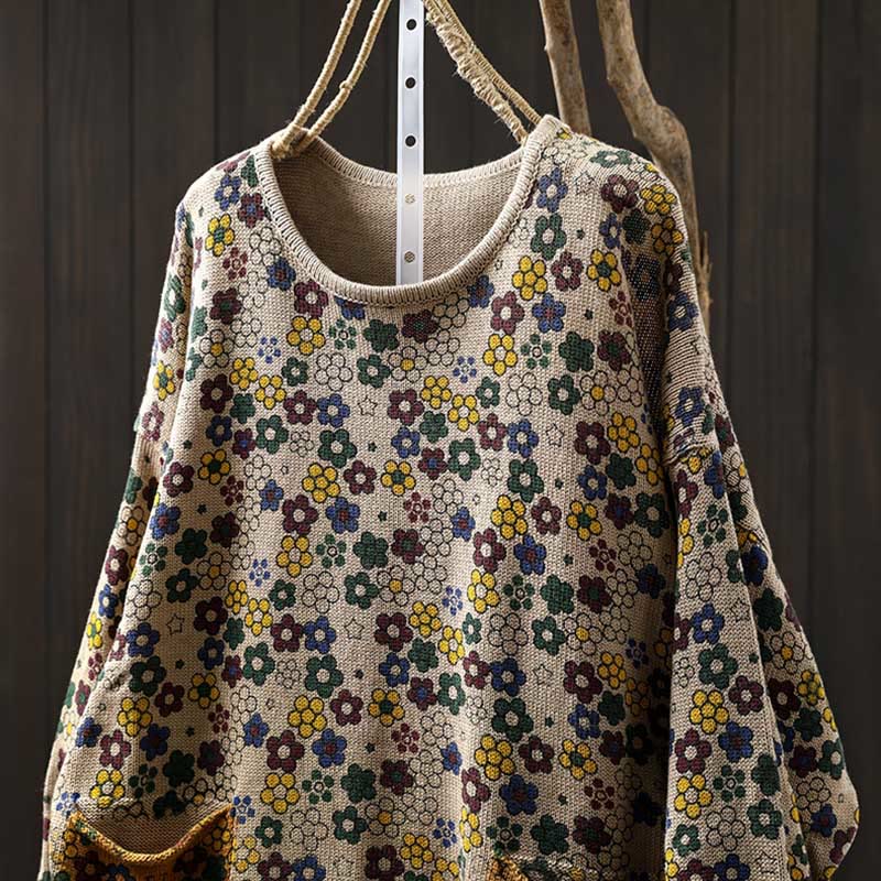 Pull à manches longues en coton pour femme, motif fleurs colorées tricotées avec Buddha Stones et poches - image 1