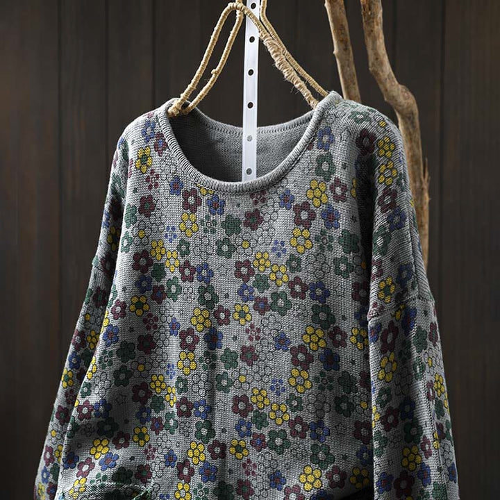 Pull à manches longues en coton pour femme, motif fleurs colorées tricotées avec Buddha Stones et poches - image 17